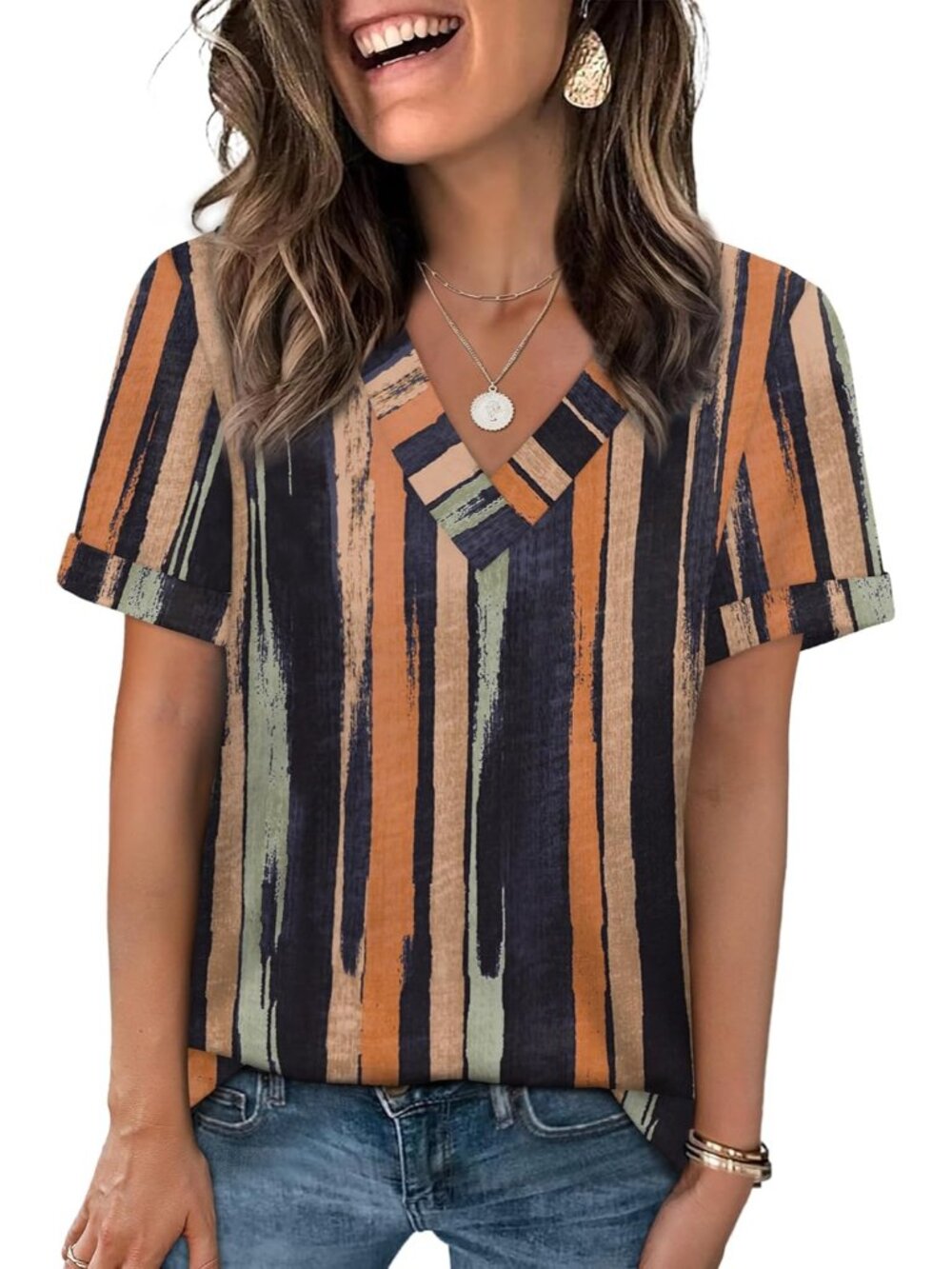🆕Women's Camel Black Tops Short Sleeve Basic Casual V Neck T Shirts Trendy